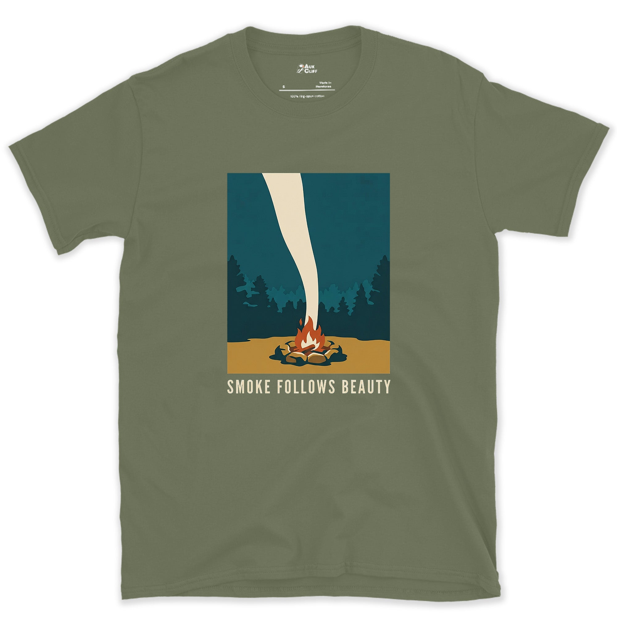 Old Campsite Wisdom, Rising in Smoke design on a Military Green Gildan Softstyle t-shirt