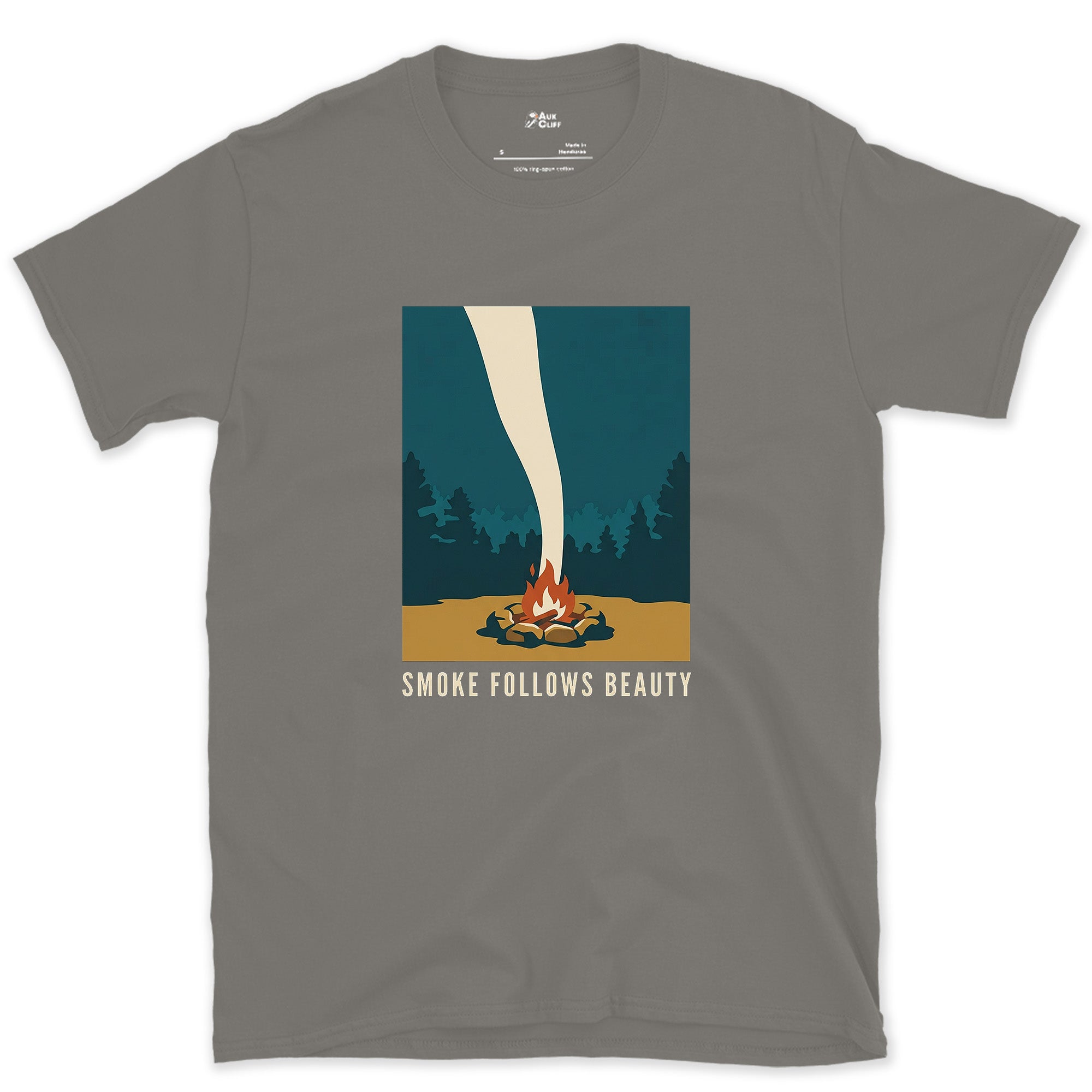 Old Campsite Wisdom, Rising in Smoke design on a Charcoal Gildan Softstyle t-shirt
