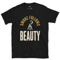 Smoke Follows Beauty, Rising Smoke Badge design on a Black Gildan Softstyle t-shirt