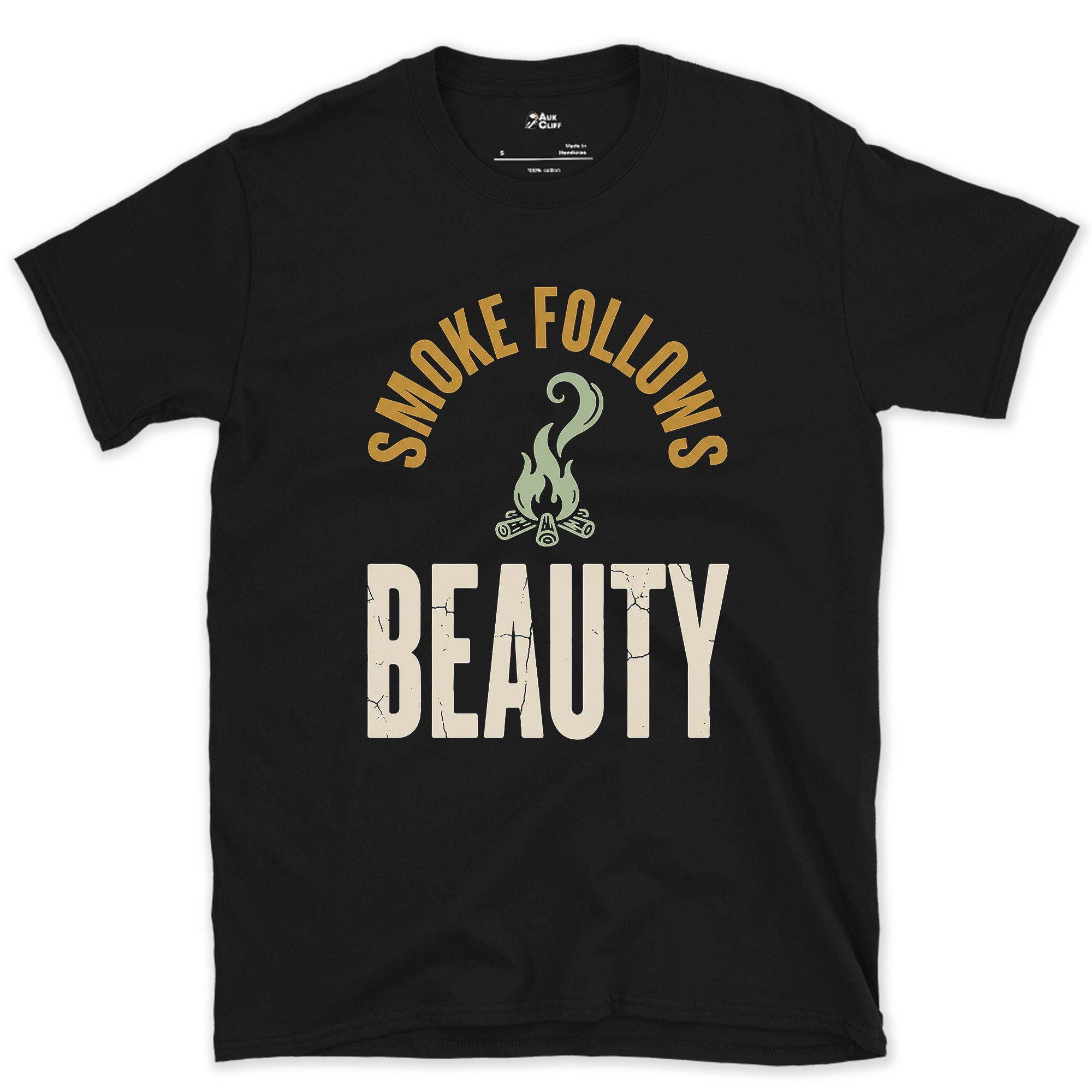 Smoke Follows Beauty, Rising Smoke Badge design on a Black Gildan Softstyle t-shirt
