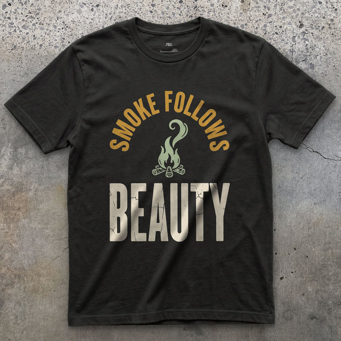 Smoke Follows Beauty, Rising Smoke Badge design on a Black Gildan Softstyle t-shirt