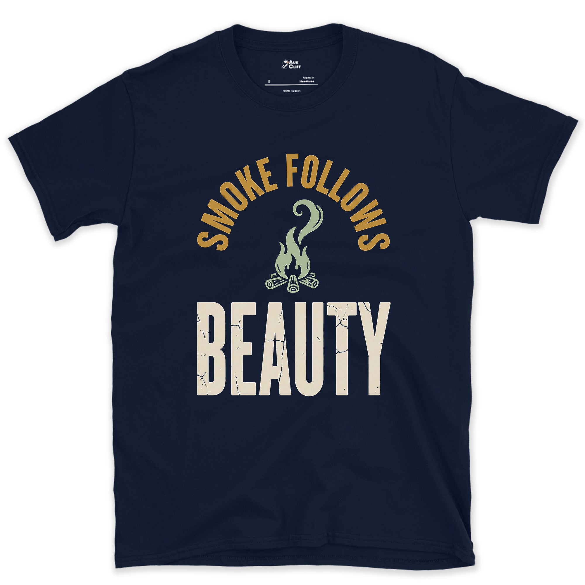 Smoke Follows Beauty, Rising Smoke Badge design on a Navy Gildan Softstyle t-shirt