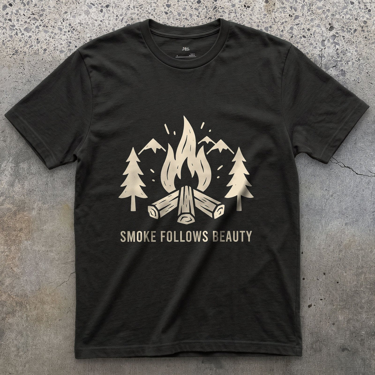 The Smoke Follows Beauty, Mountains and Firewood design on a Black Gildan Softstyle t-shirt