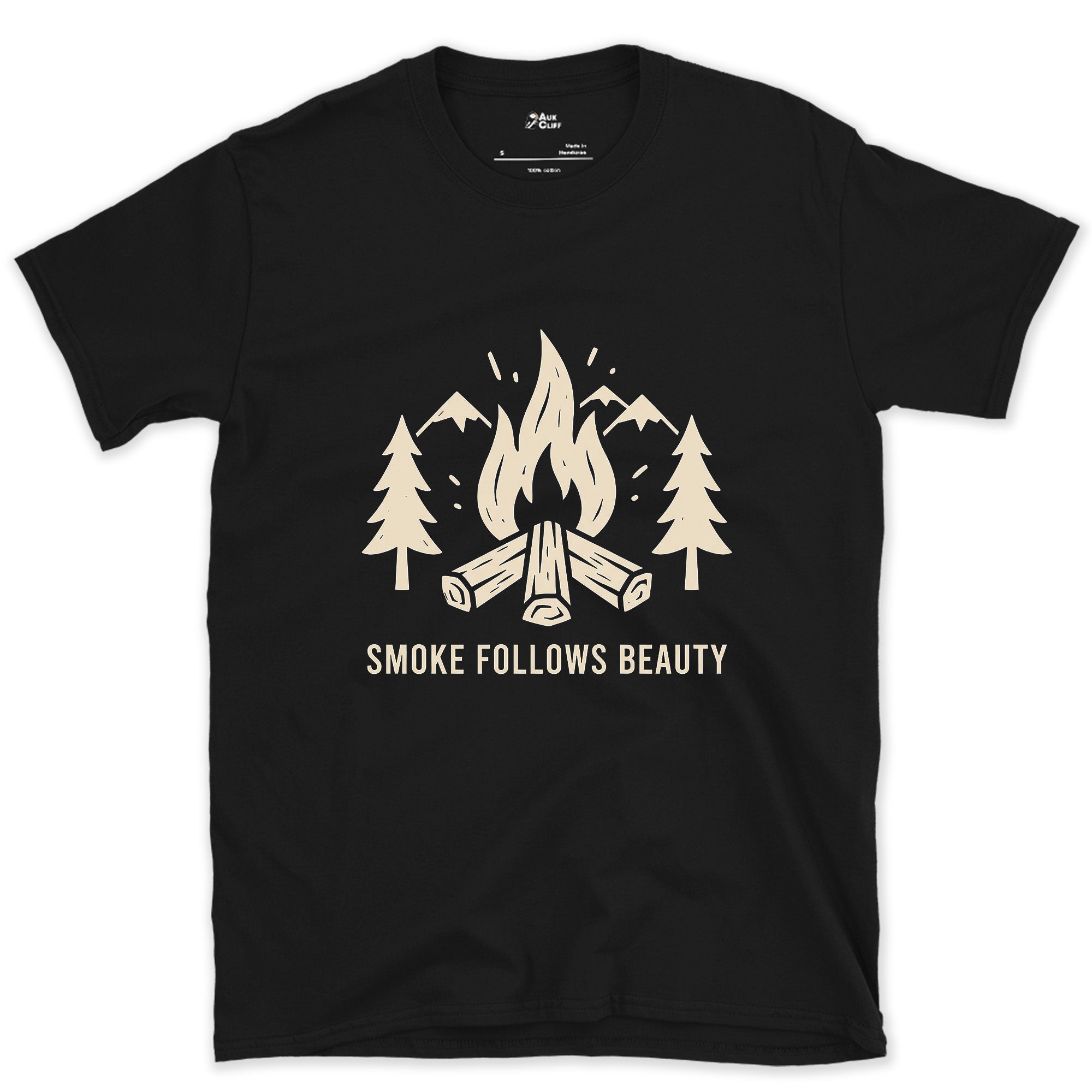 The Smoke Follows Beauty, Mountains and Firewood design on a Black Gildan Softstyle t-shirt