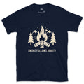 The Smoke Follows Beauty, Mountains and Firewood design on a Navy Gildan Softstyle t-shirt