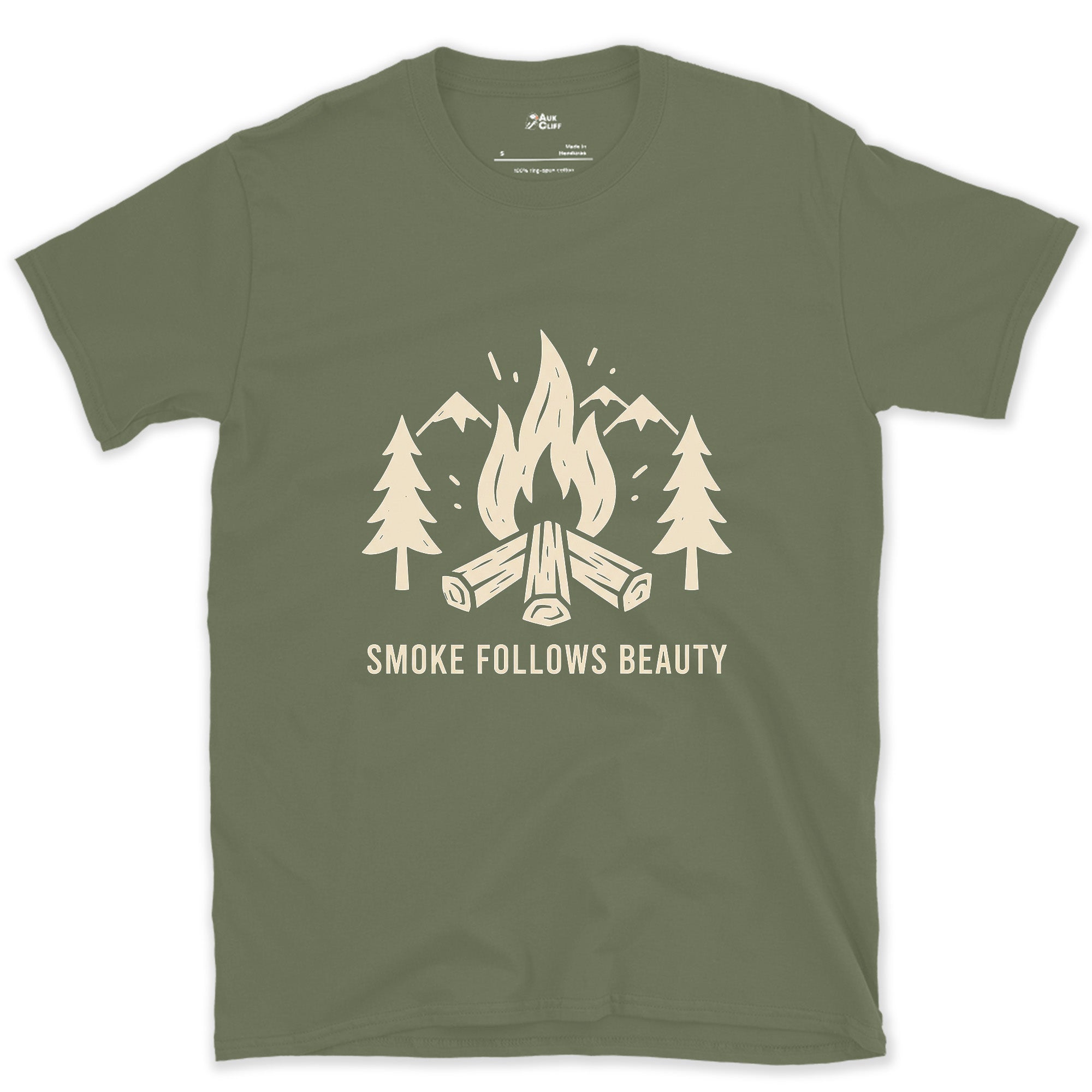 The Smoke Follows Beauty, Mountains and Firewood design on a Military Green Gildan Softstyle t-shirt