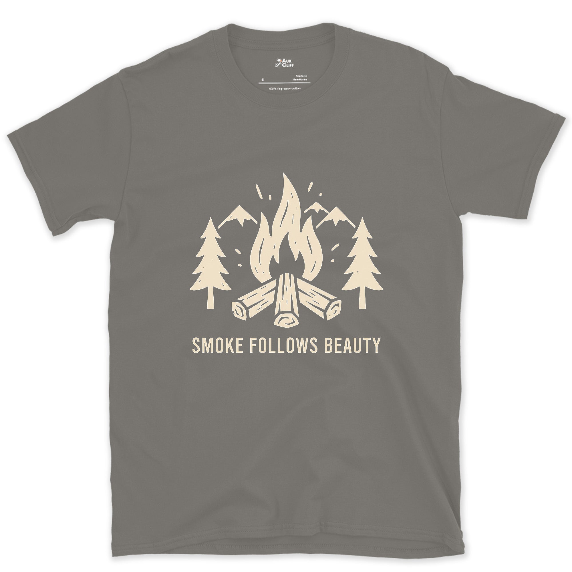 The Smoke Follows Beauty, Mountains and Firewood design on a Charcoal Gildan Softstyle t-shirt