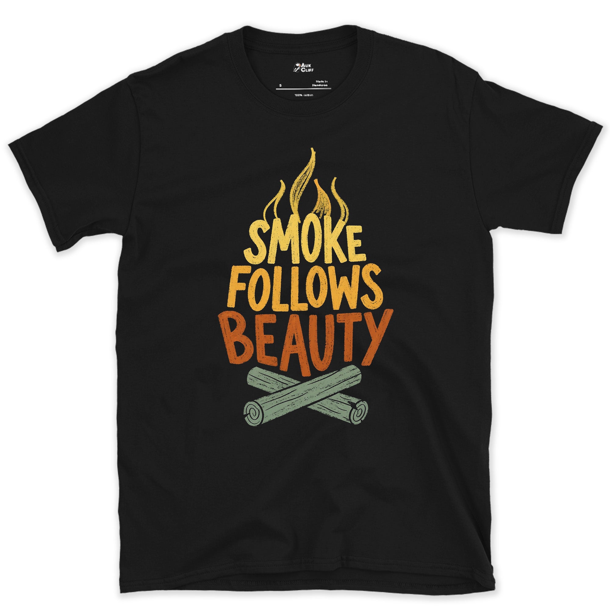Smoke Follows Beauty, Camp Fire design on a Black Gildan Softstyle t-shirt