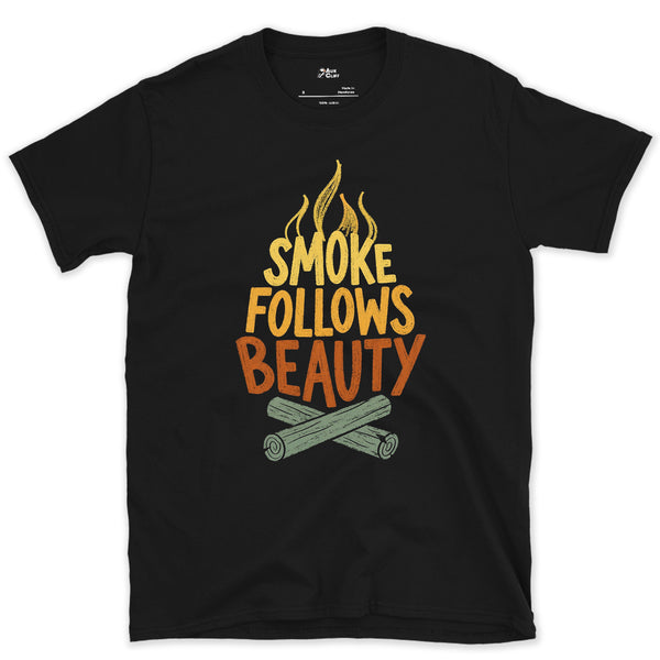 Smoke Follows Beauty, Camp Fire design on a Black Gildan Softstyle t-shirt