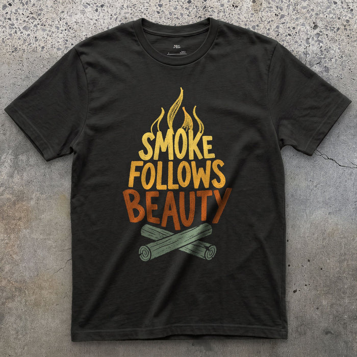 Smoke Follows Beauty, Camp Fire design on a Black Gildan Softstyle t-shirt