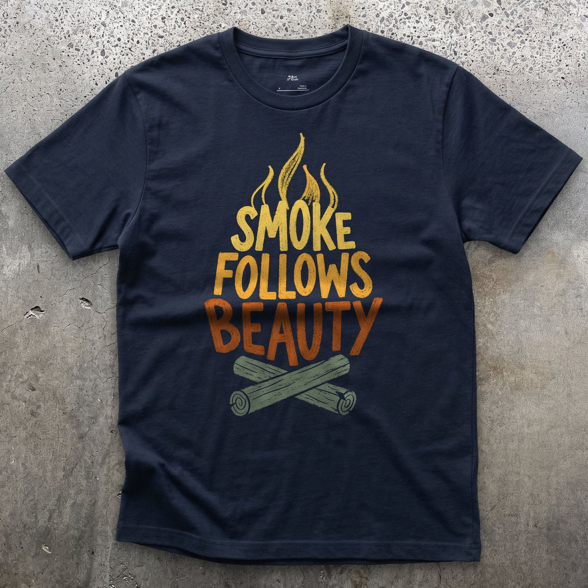 Smoke Follows Beauty, Camp Fire design on a Navy Gildan Softstyle t-shirt