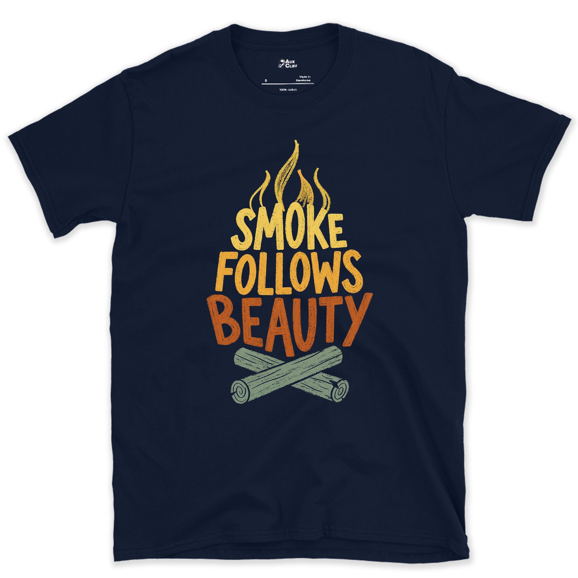 Smoke Follows Beauty, Camp Fire design on a Navy Gildan Softstyle t-shirt
