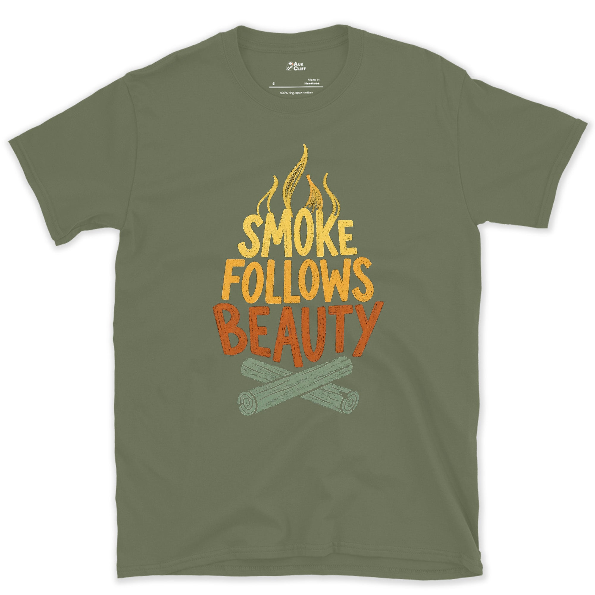 Smoke Follows Beauty, Camp Fire design on a Military Green Gildan Softstyle t-shirt