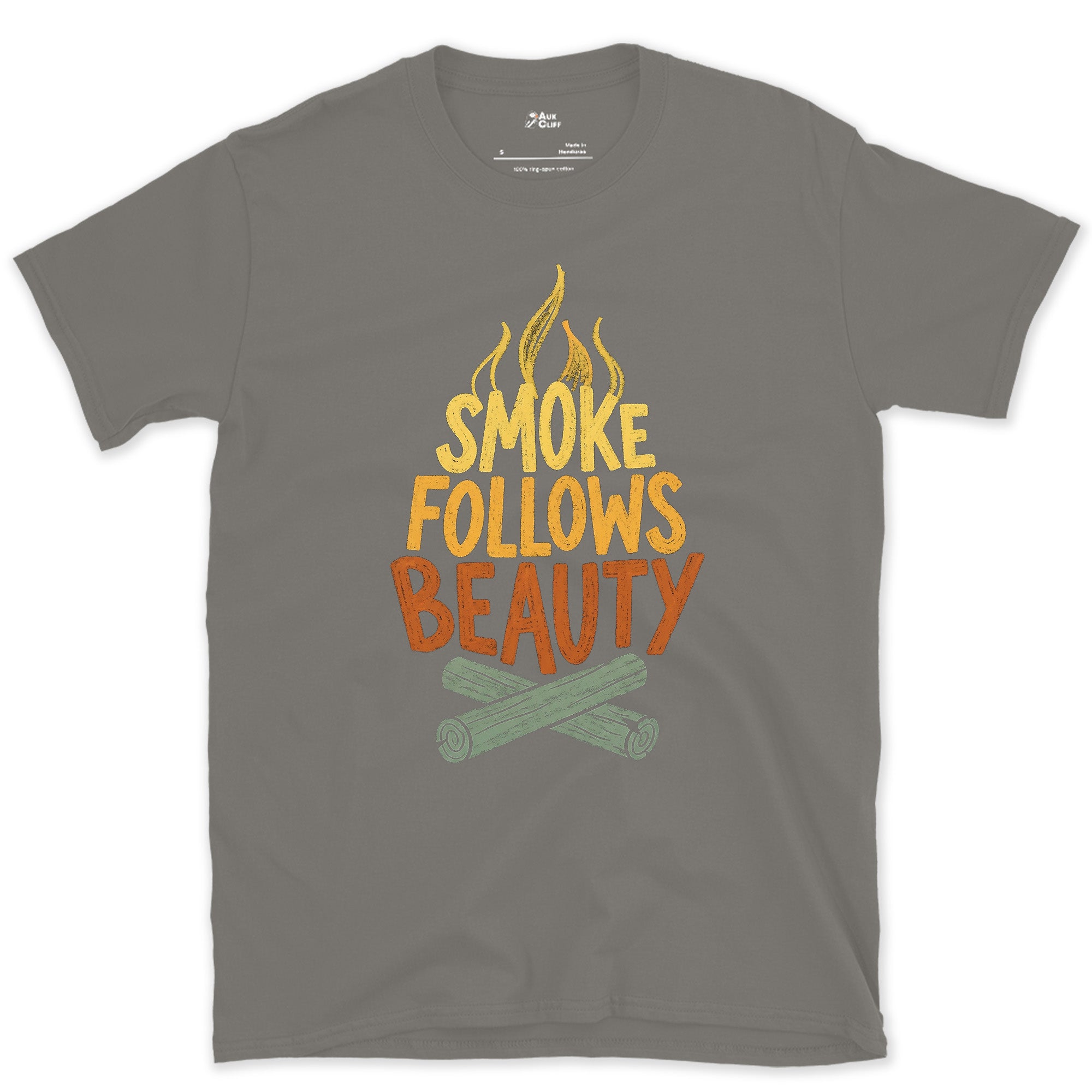Smoke Follows Beauty, Camp Fire design on a Charcoal Gildan Softstyle t-shirt