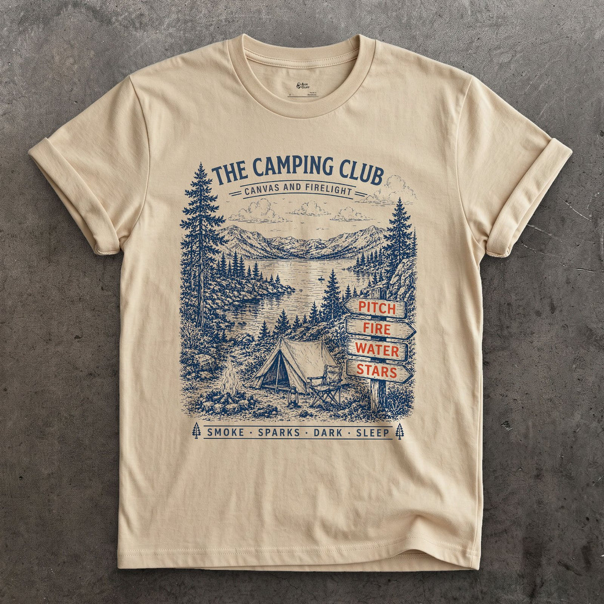 Pitch, Fire, Water, Stars design on a Sand Gildan Softstyle t-shirt