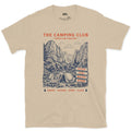 Pitch, Fire, Water and Stars, Firelit Tent design on a Sand Gildan Softstyle t-shirt