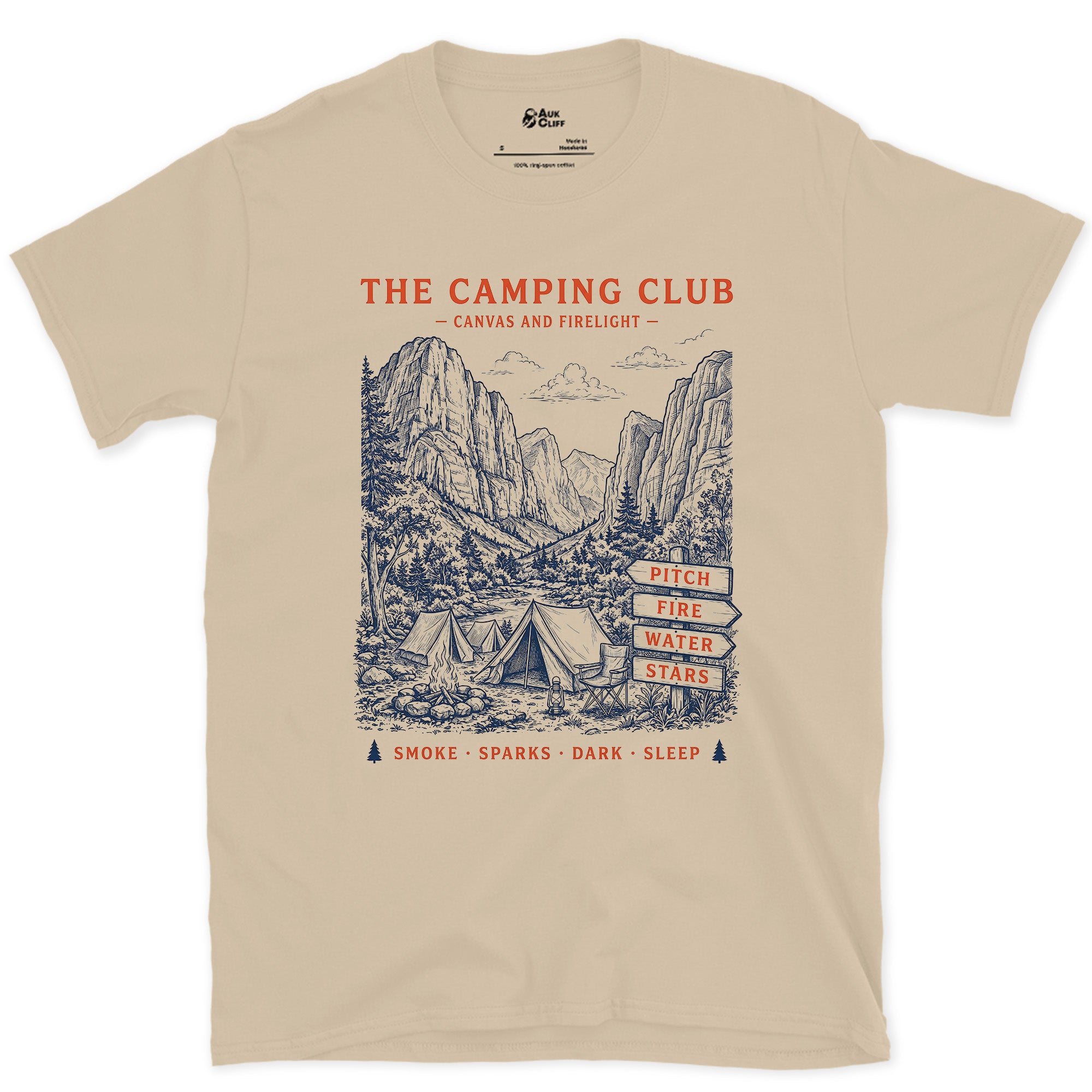 Pitch, Fire, Water and Stars, Firelit Tent design on a Sand Gildan Softstyle t-shirt