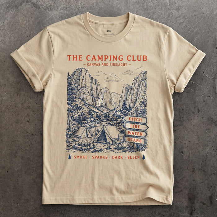 Pitch, Fire, Water and Stars, Firelit Tent design on a Sand Gildan Softstyle t-shirt