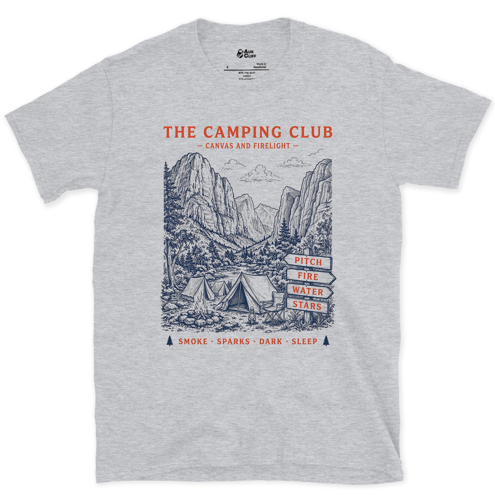 Pitch, Fire, Water and Stars, Firelit Tent design on a Sport Grey Gildan Softstyle t-shirt