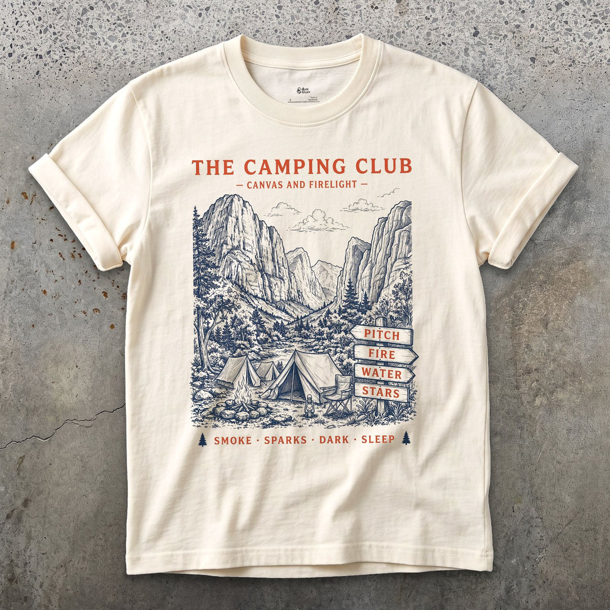 Pitch, Fire, Water and Stars, Firelit Tent design on a Natural Gildan Softstyle t-shirt