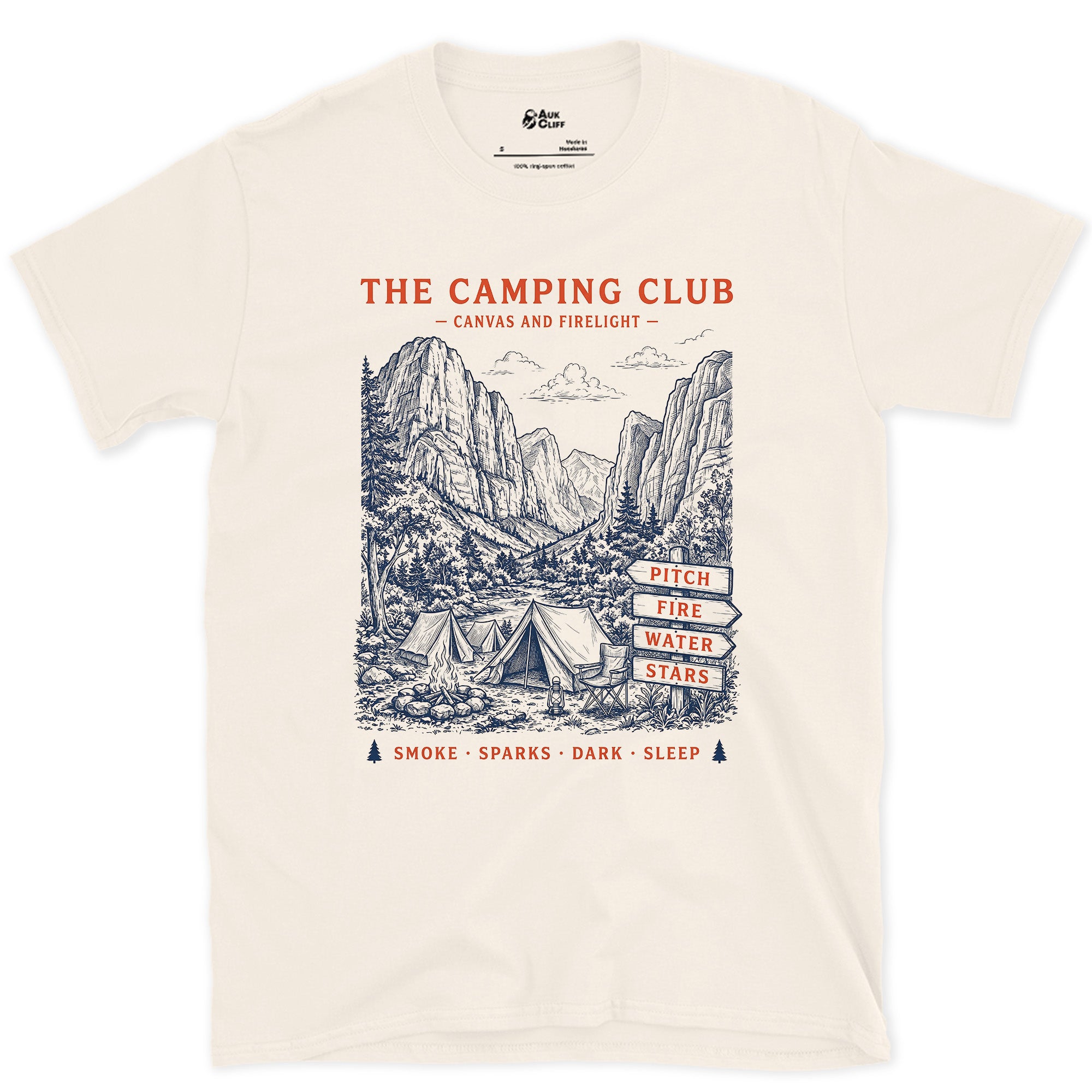 Pitch, Fire, Water and Stars, Firelit Tent design on a Natural Gildan Softstyle t-shirt