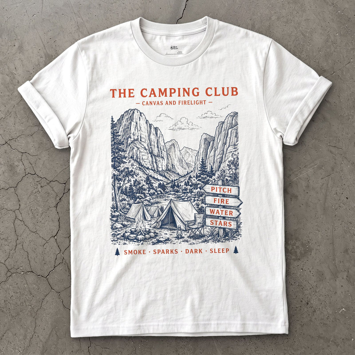Pitch, Fire, Water and Stars, Firelit Tent design on a White Gildan Softstyle t-shirt