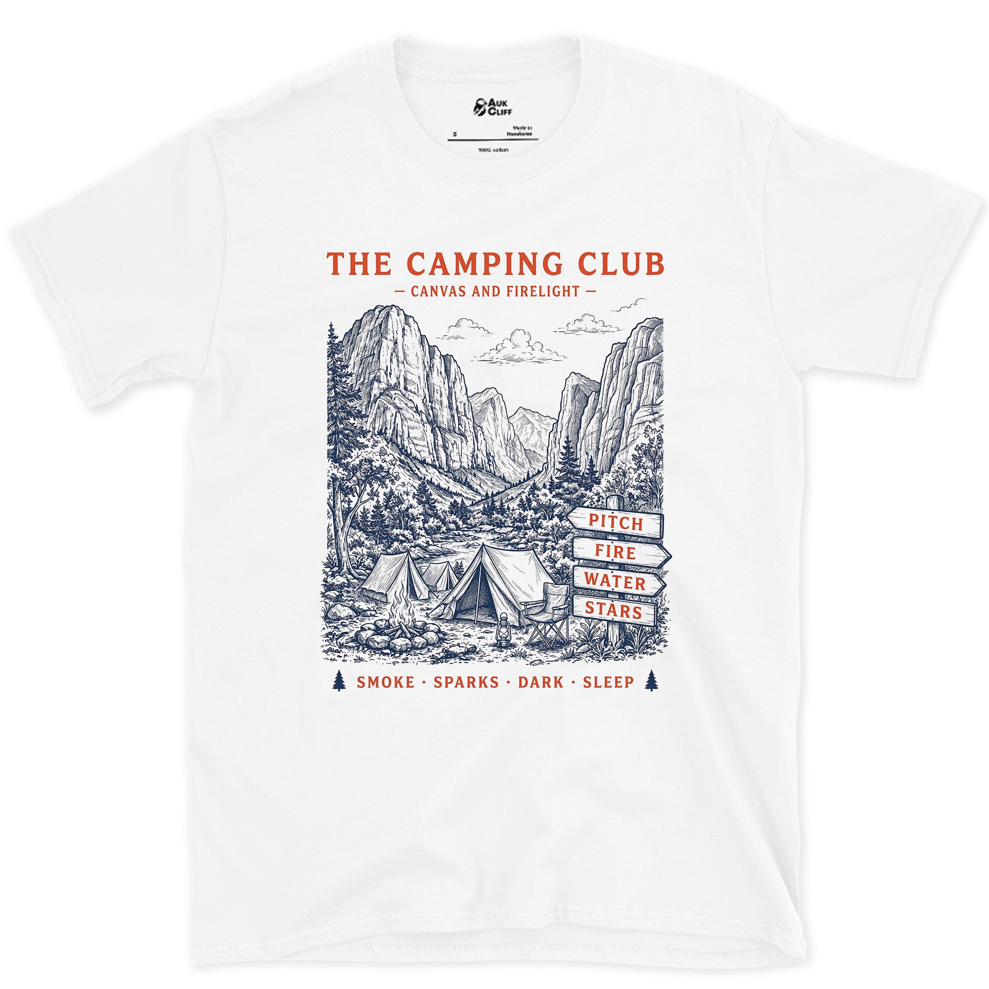 Pitch, Fire, Water and Stars, Firelit Tent design on a White Gildan Softstyle t-shirt