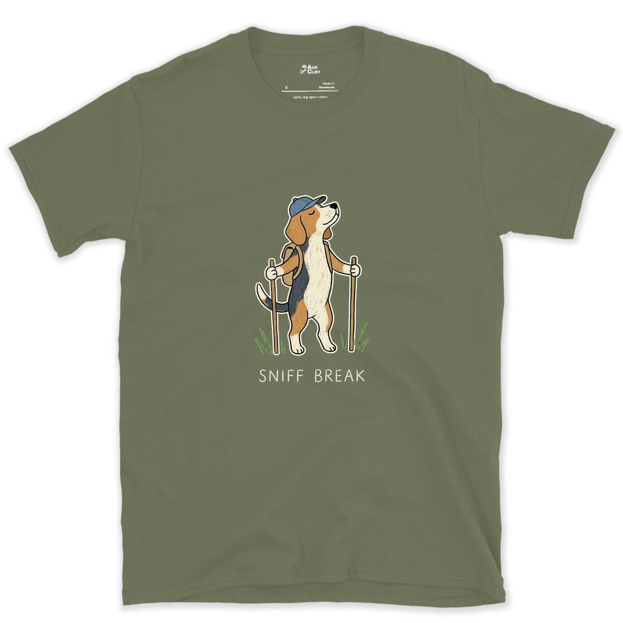 Sniff Break, Trail Beagle design on a Military Green Gildan Softstyle t-shirt
