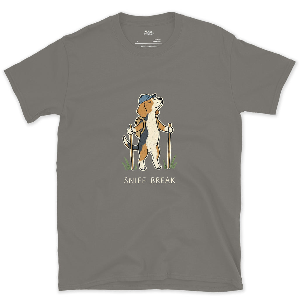 Sniff Break, Trail Beagle design on a Charcoal Gildan Softstyle t-shirt