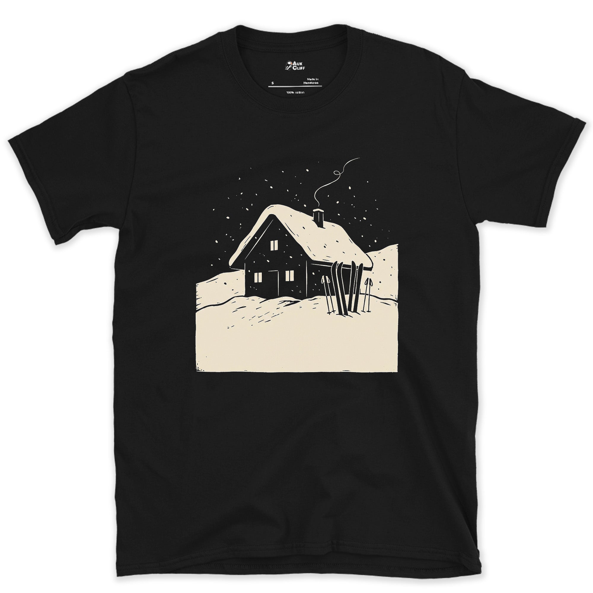 Skis by the Door, the Day Behind You design on a Black Gildan Softstyle t-shirt