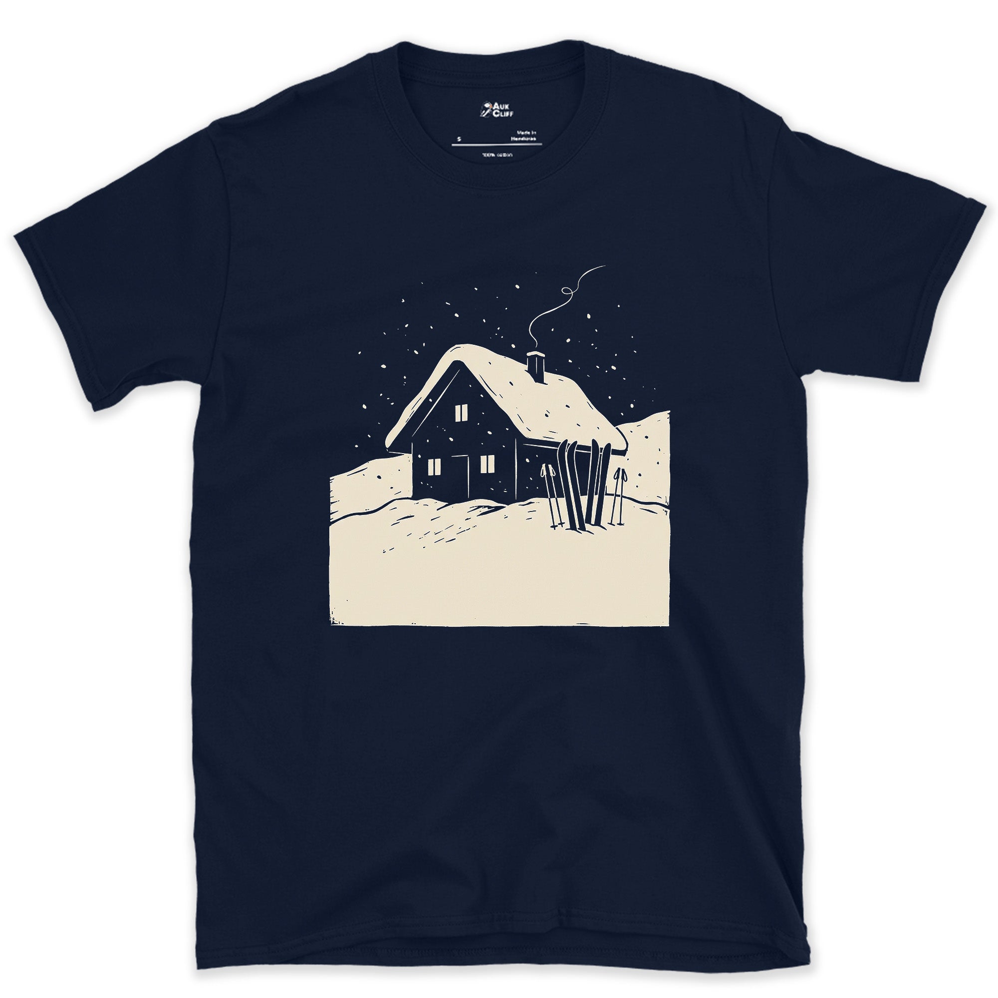 Skis by the Door, the Day Behind You design on a Navy Gildan Softstyle t-shirt