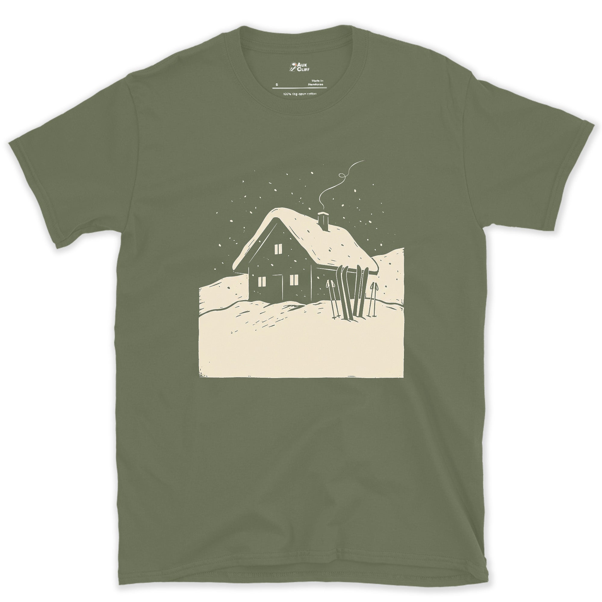 Skis by the Door, the Day Behind You design on a Military Green Gildan Softstyle t-shirt
