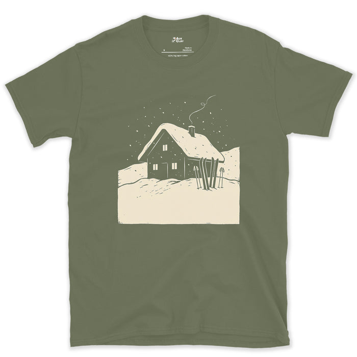 Skis by the Door, the Day Behind You design on a Military Green Gildan Softstyle t-shirt