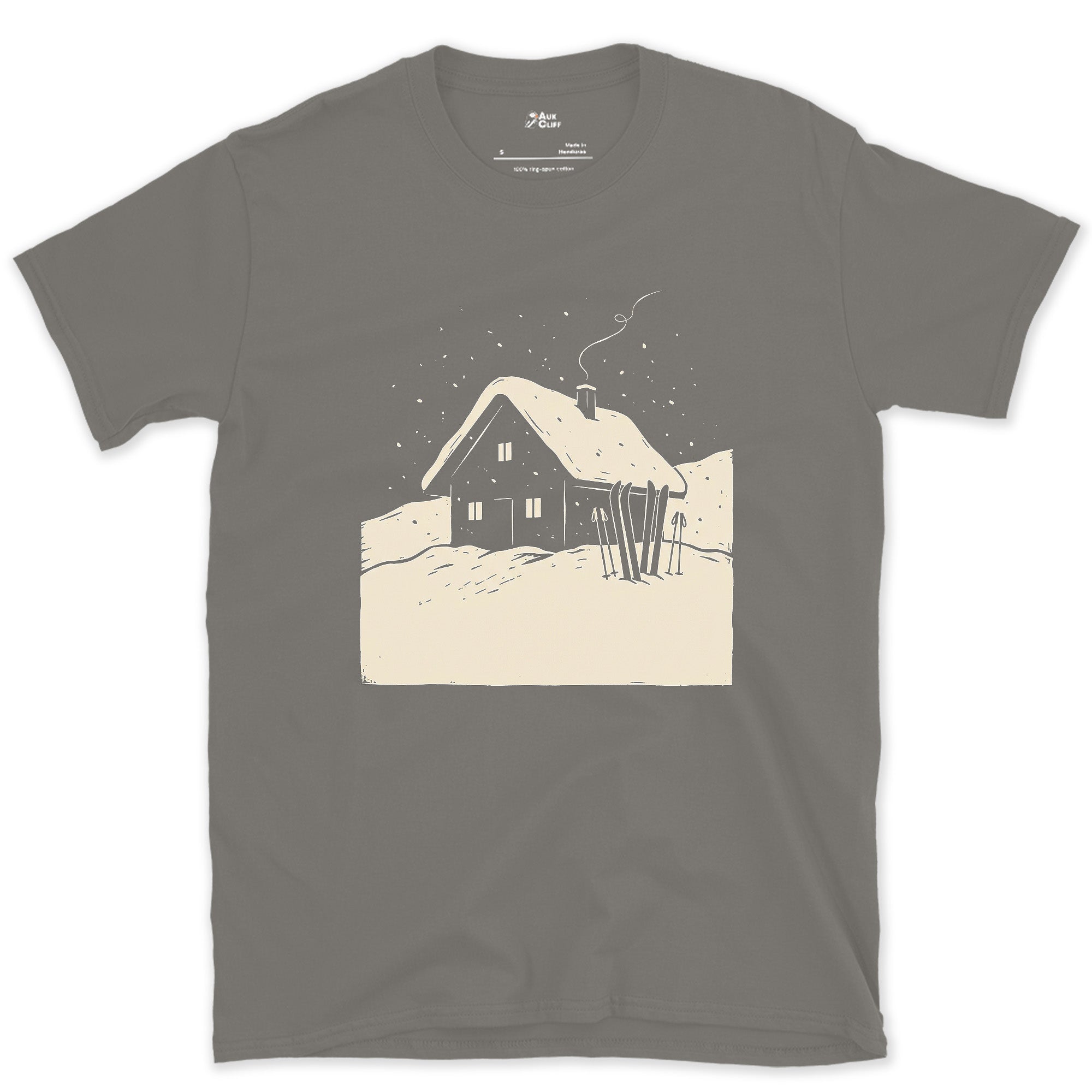 Skis by the Door, the Day Behind You design on a Charcoal Gildan Softstyle t-shirt