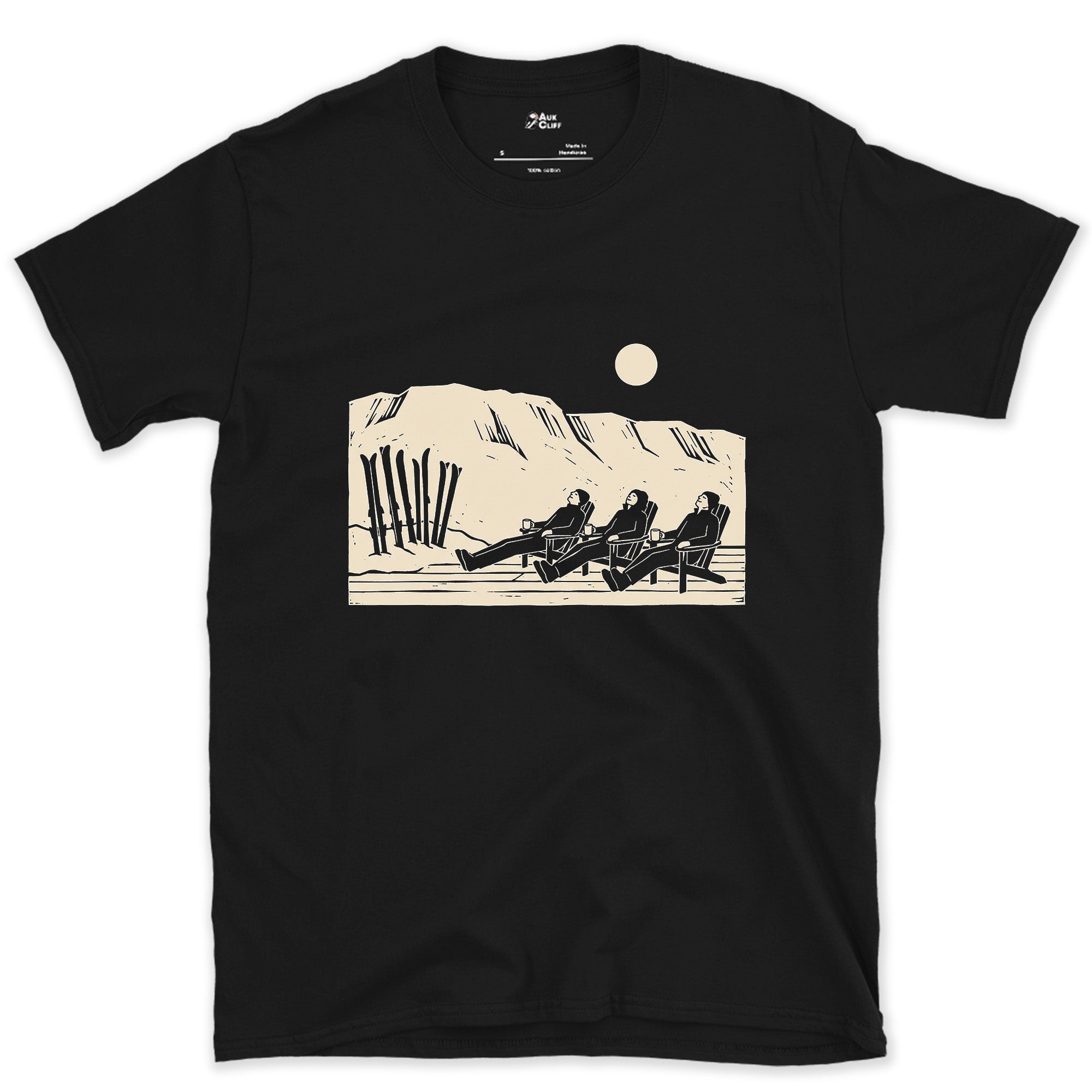 Claimed the Moment the Lifts Close, Sun Terrace design on a Black Gildan Softstyle t-shirt