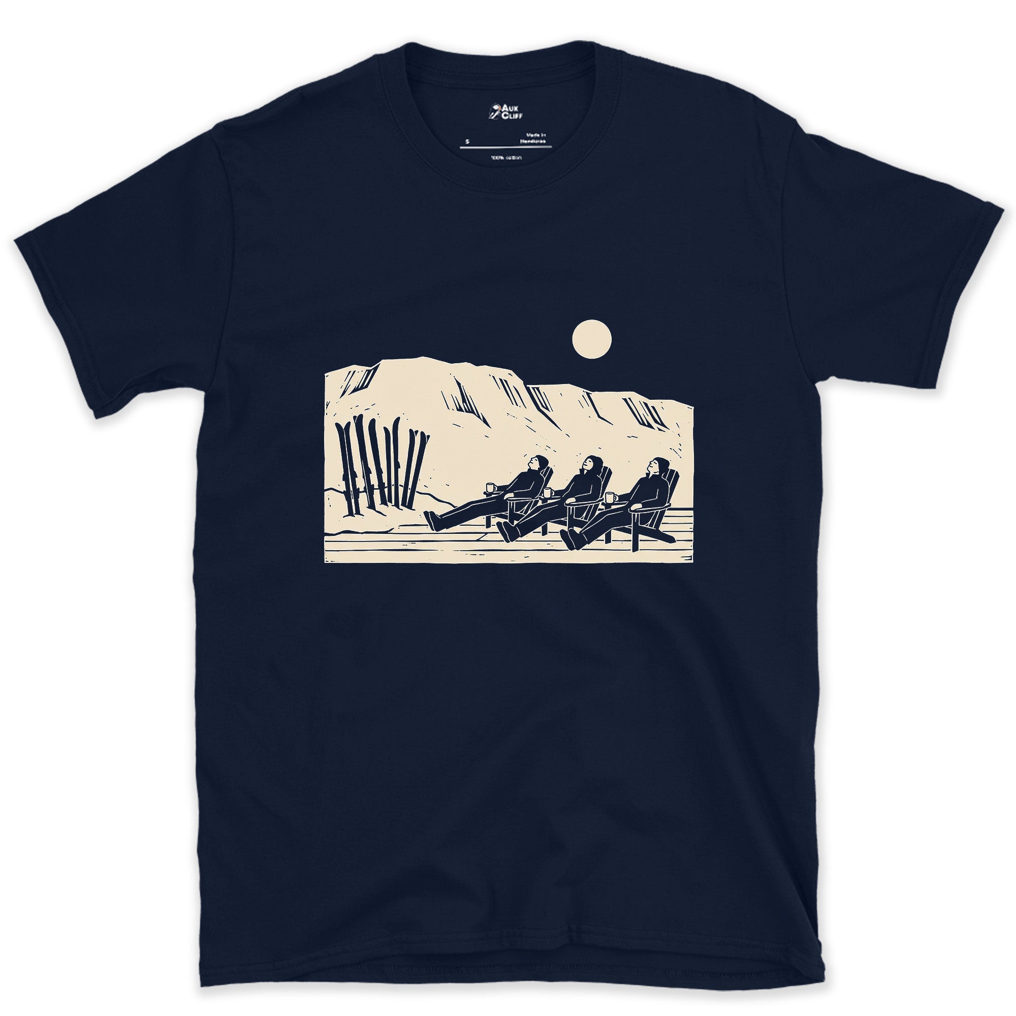 Claimed the Moment the Lifts Close, Sun Terrace design on a Navy Gildan Softstyle t-shirt