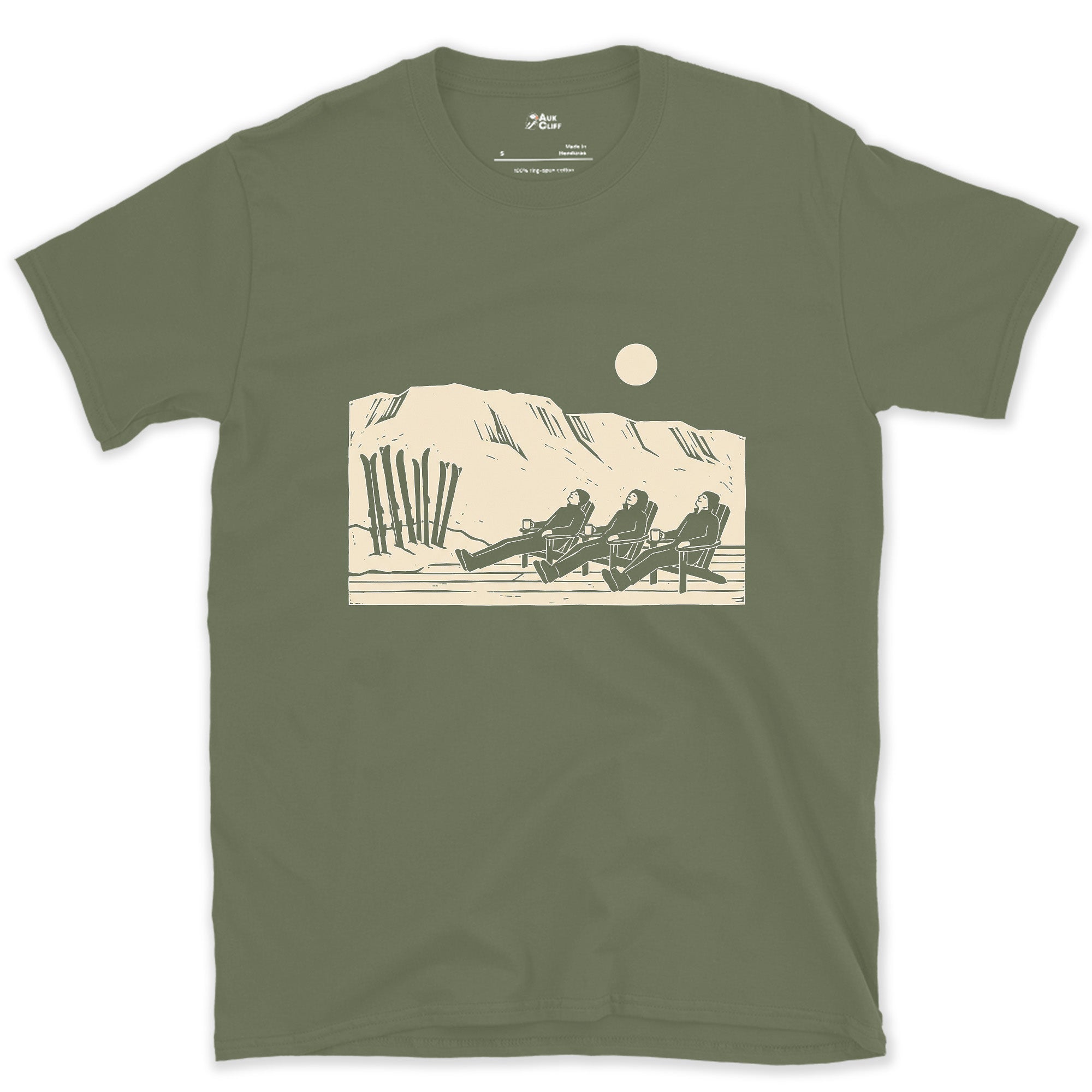 Claimed the Moment the Lifts Close, Sun Terrace design on a Military Green Gildan Softstyle t-shirt