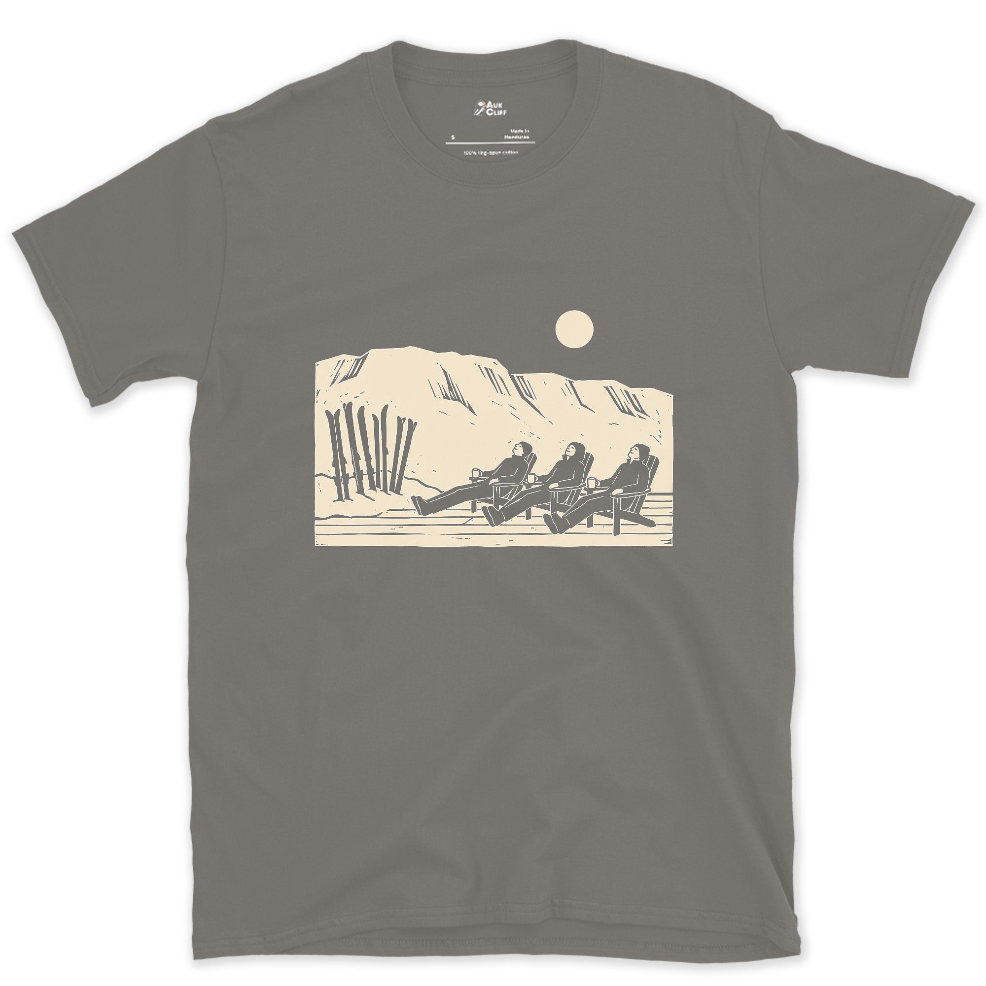 Claimed the Moment the Lifts Close, Sun Terrace design on a Charcoal Gildan Softstyle t-shirt