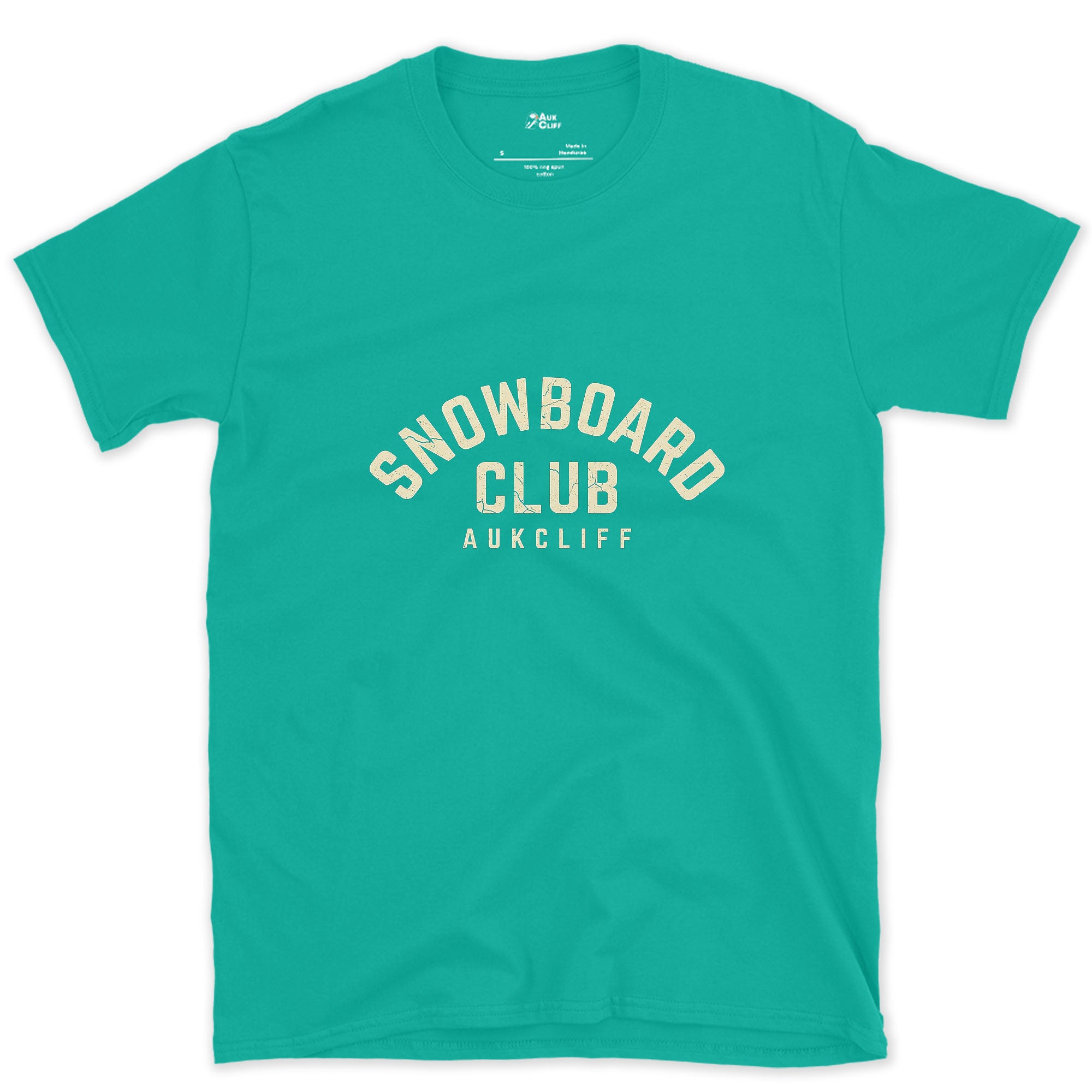 Snowboard Club Arch Badge design on a Jade Dome Gildan Softstyle t-shirt
