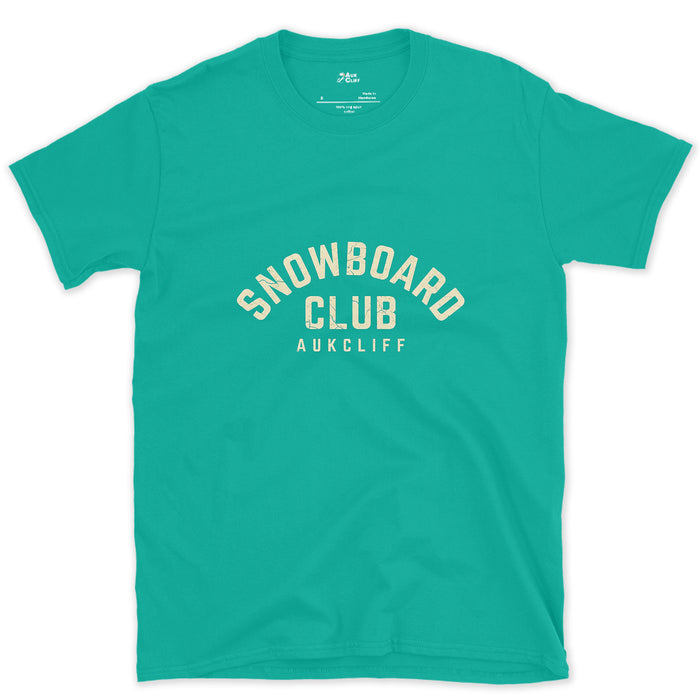 Snowboard Club Arch Badge design on a Jade Dome Gildan Softstyle t-shirt