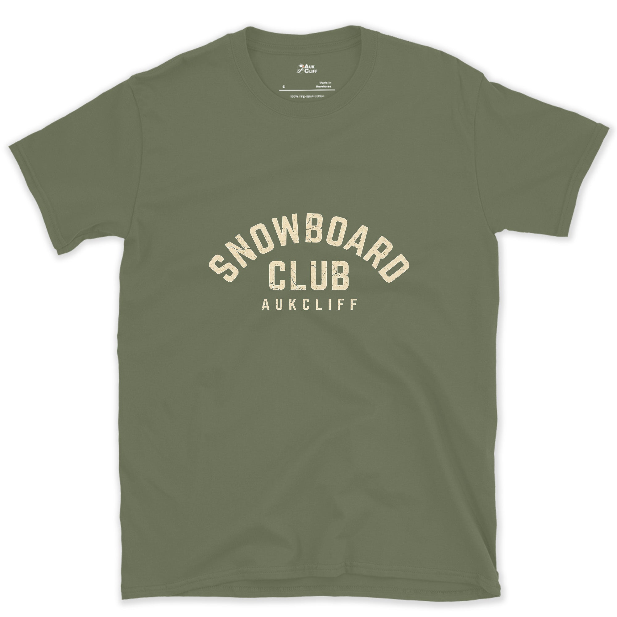 Snowboard Club Arch Badge design on a Military Green Gildan Softstyle t-shirt