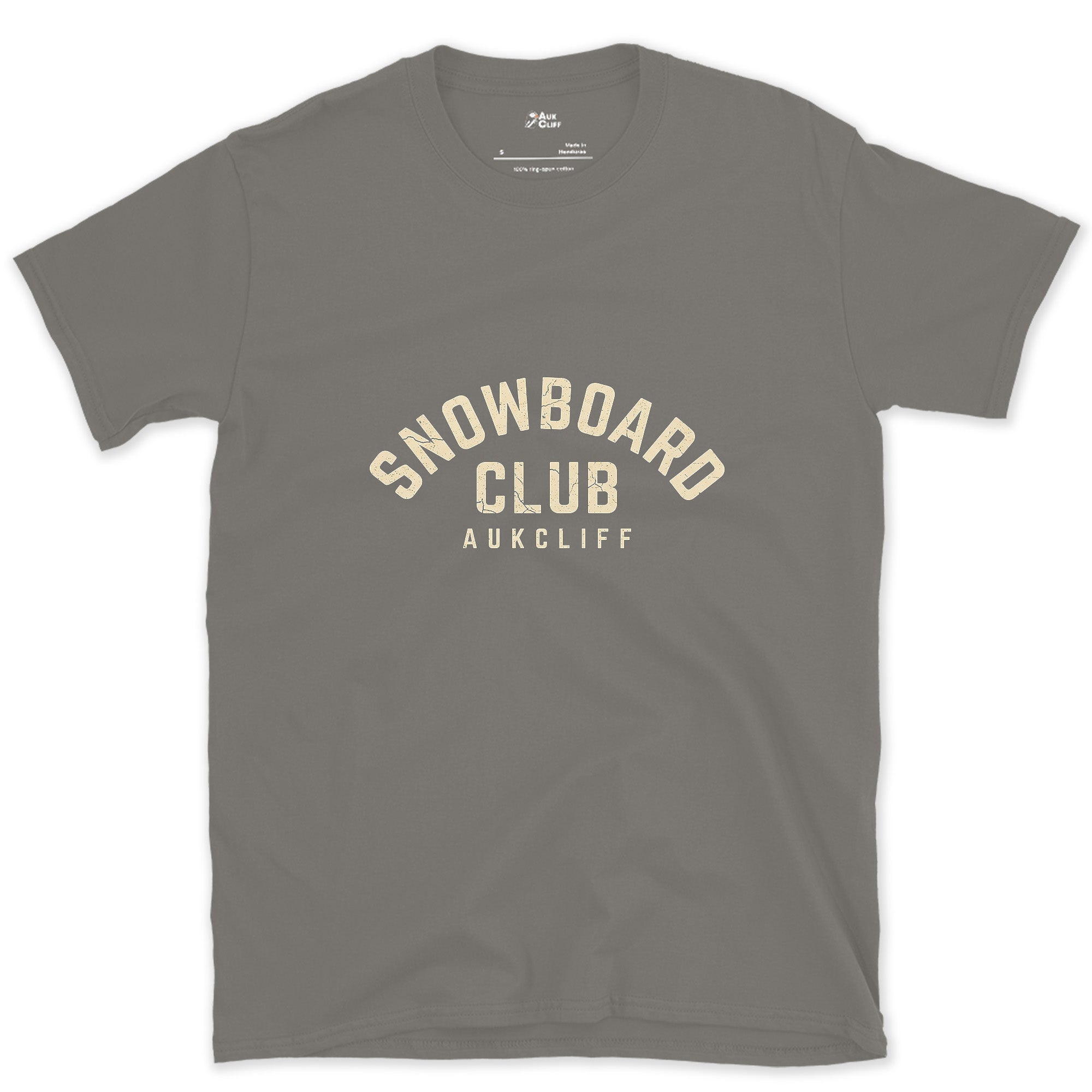 Snowboard Club Arch Badge design on a Charcoal Gildan Softstyle t-shirt