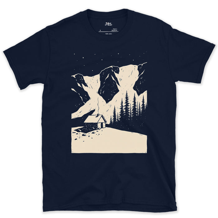 Shelter at the Base of the Mountain design on a Navy Gildan Softstyle t-shirt