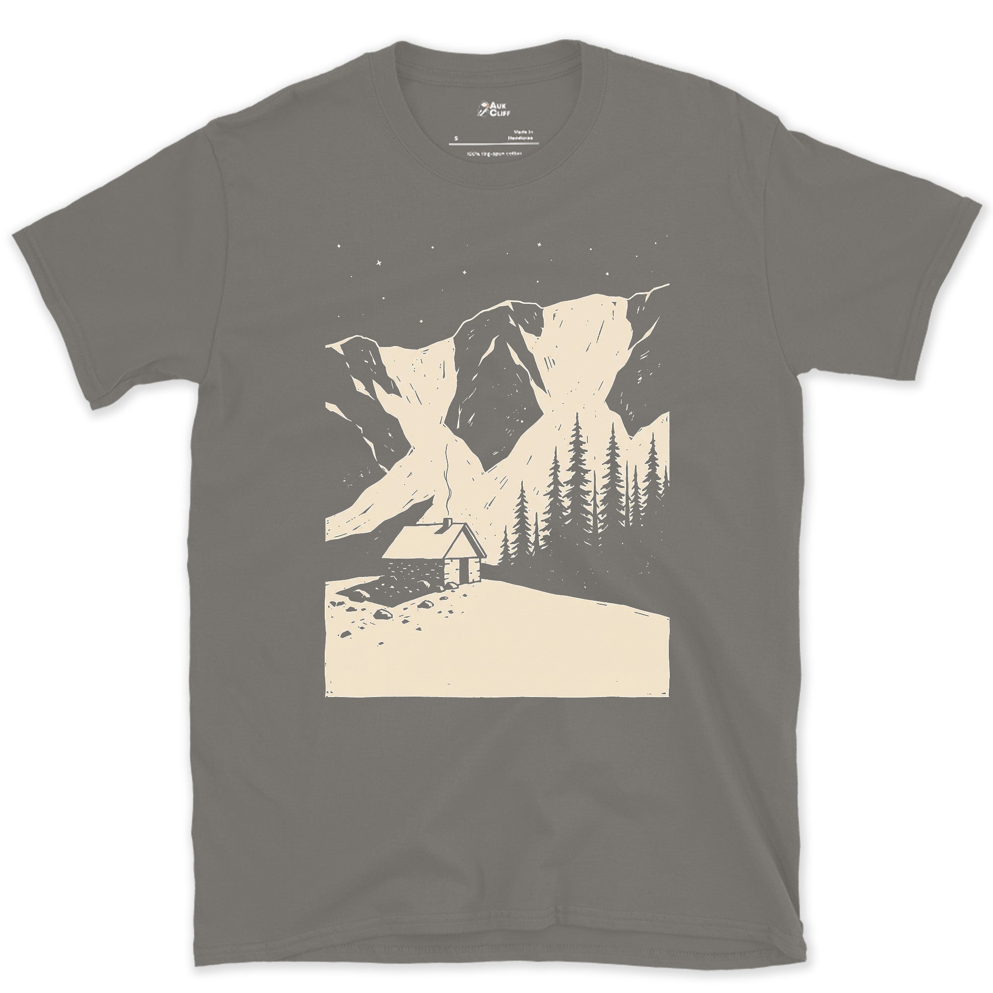 Shelter at the Base of the Mountain design on a Charcoal Gildan Softstyle t-shirt