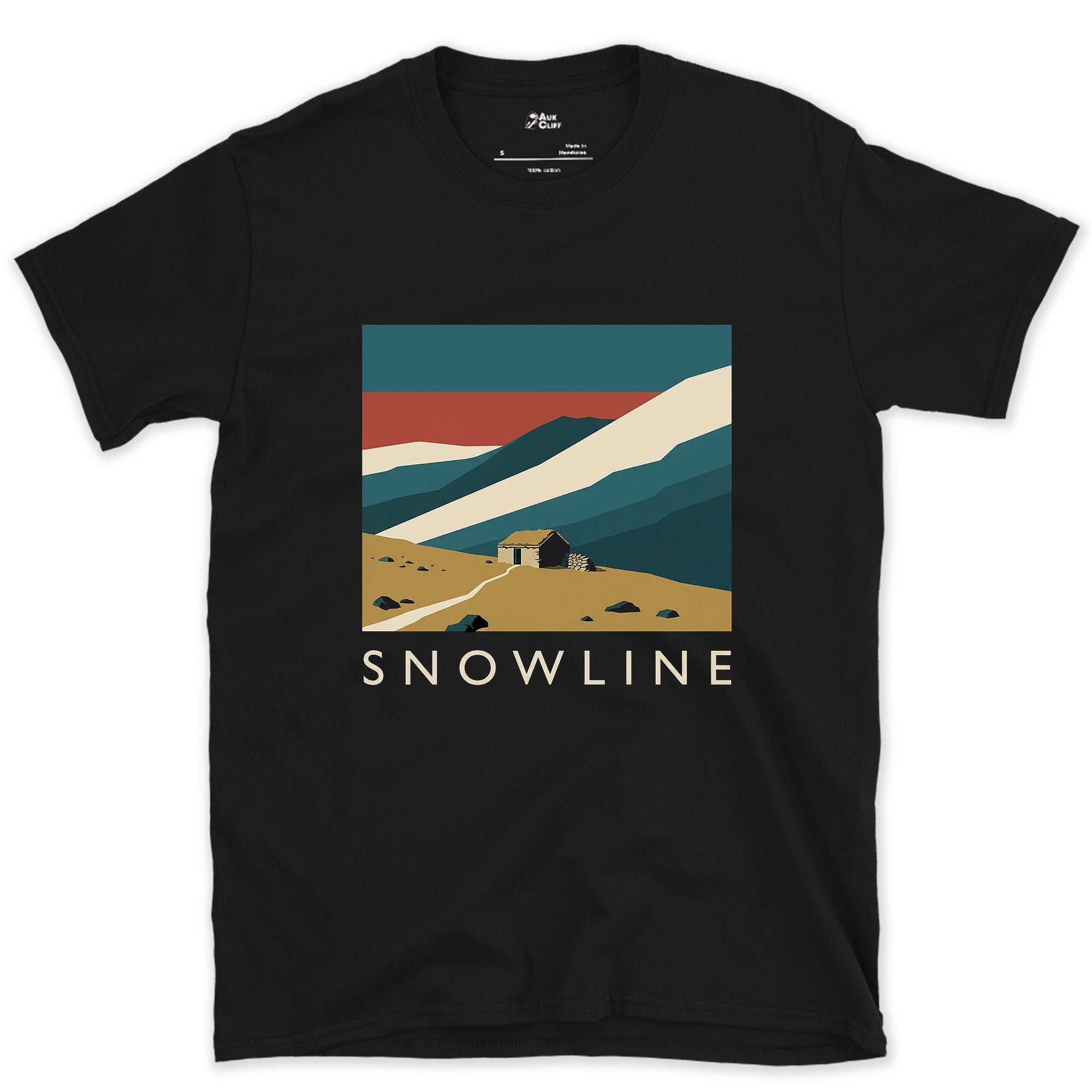 Snowline, Cabin at the Snow's Edge design on a Black Gildan Softstyle t-shirt
