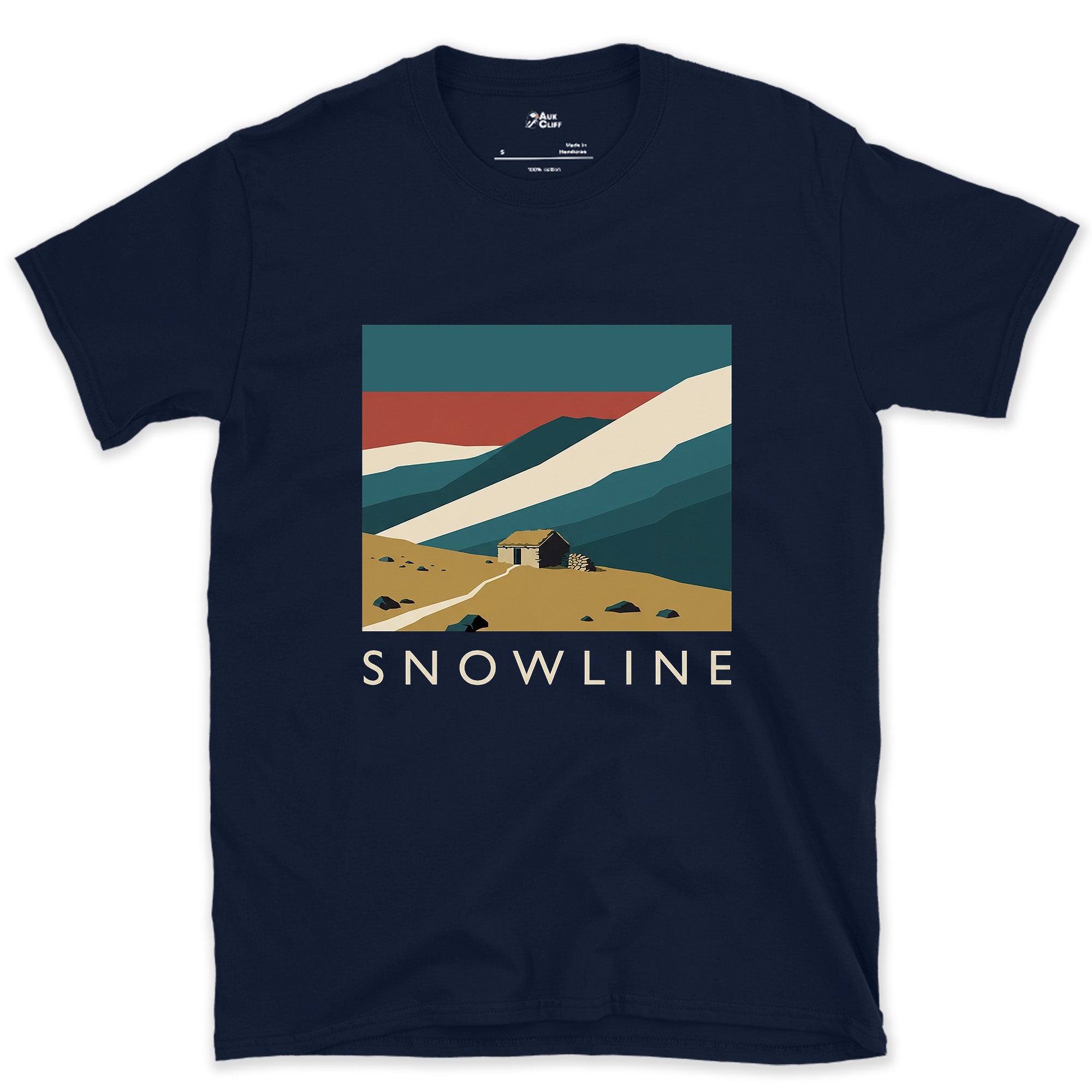 Snowline, Cabin at the Snow's Edge design on a Navy Gildan Softstyle t-shirt