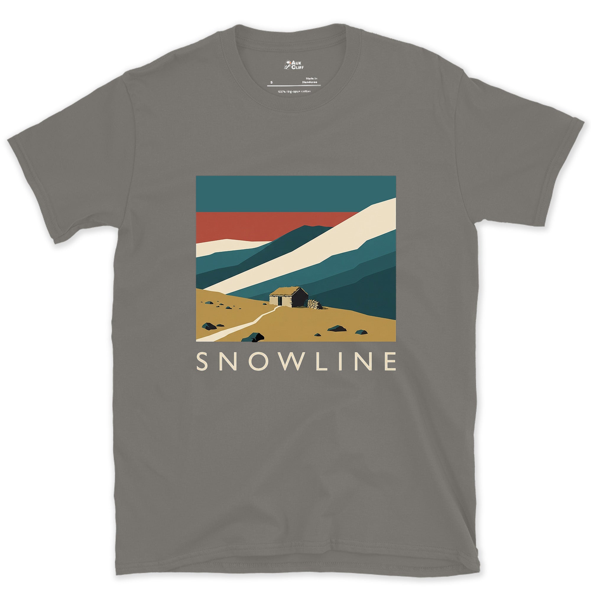 Snowline, Cabin at the Snow's Edge design on a Charcoal Gildan Softstyle t-shirt