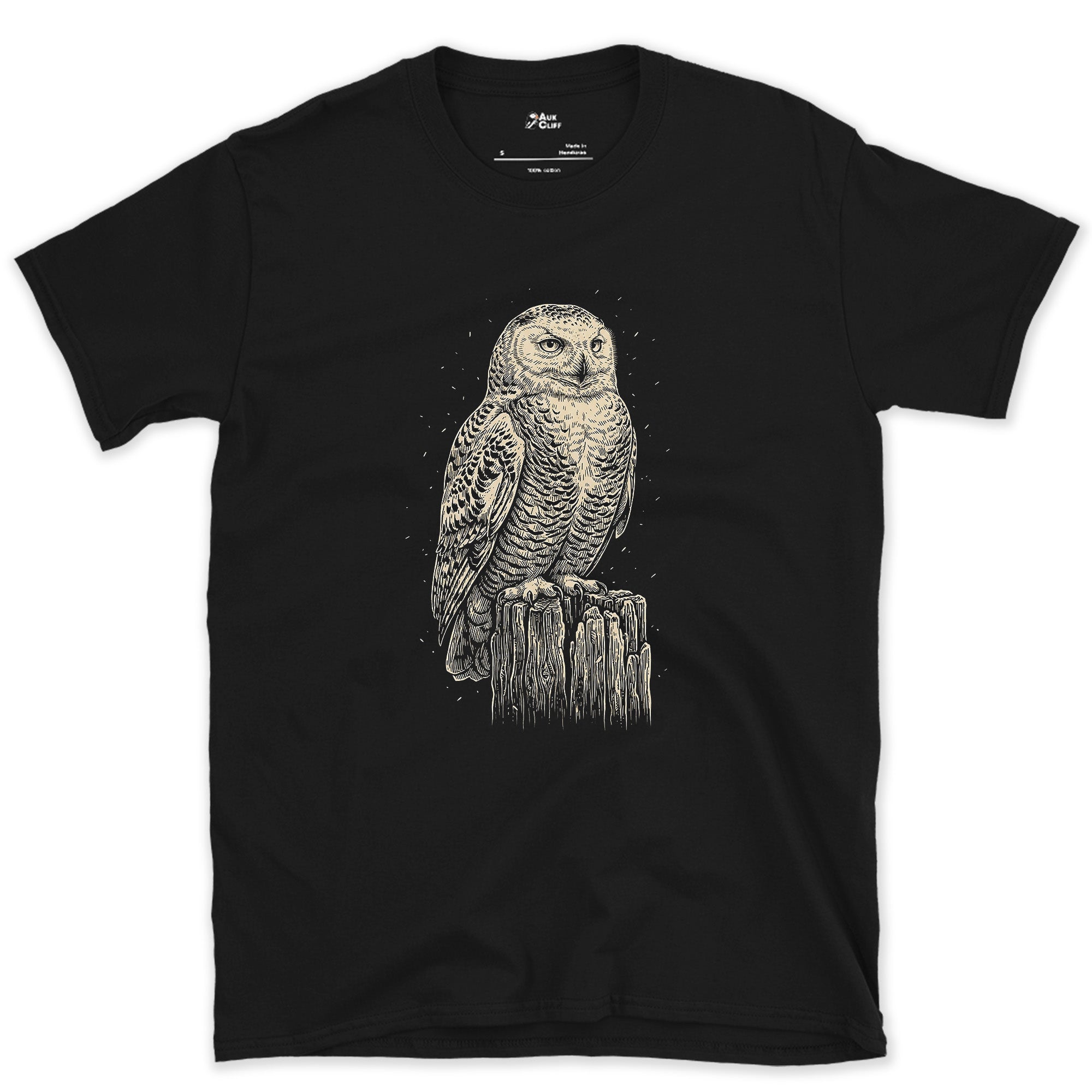 Every Fleck of Its Pale Plumage, Snowy Owl on a Stump design on a Black Gildan Softstyle t-shirt