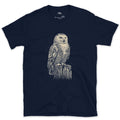 Every Fleck of Its Pale Plumage, Snowy Owl on a Stump design on a Navy Gildan Softstyle t-shirt