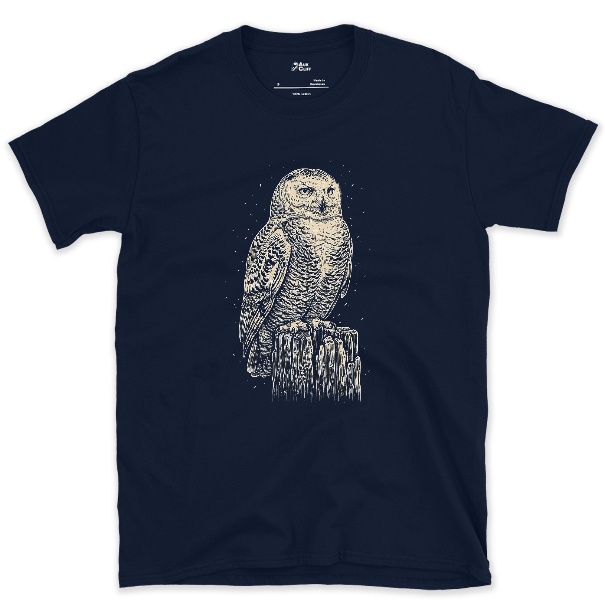 Every Fleck of Its Pale Plumage, Snowy Owl on a Stump design on a Navy Gildan Softstyle t-shirt